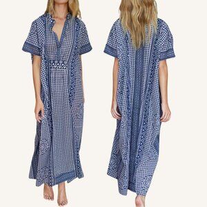 India Collection Emerson Fry Maxi Caftan Ink Organic Cotton One Size Boho Beachy